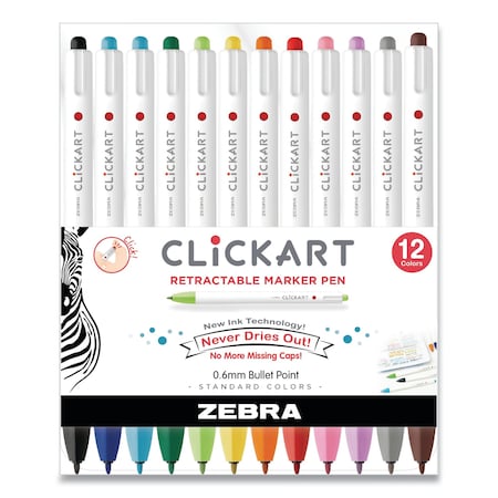 Zebra Pen ClickArt Porous Point Pen, Retractable, Fine 0.6 mm, Assorted Ink Colors, White Barrel, PK12 69012